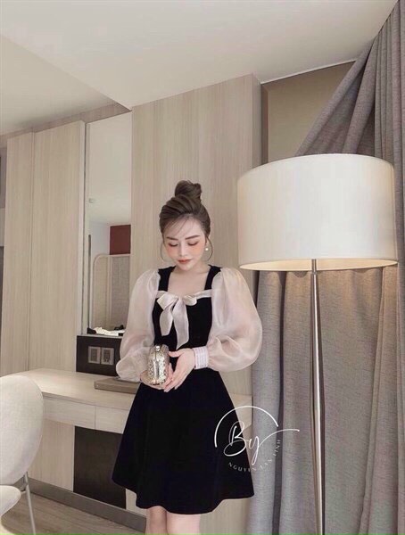 [HCM]Đầm tiểu thư phối tay lưới đính nơ xòe