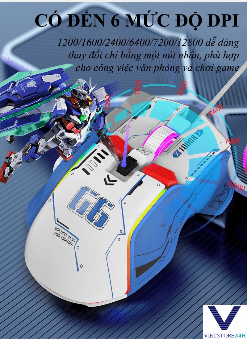 Chuột cơ chơi game g6s thiết kế robot cực ngầu với độ dpi lên đến 12800 kèm theo 13 chế độ đèn led rgb tùy chỉnh phù hợp cho các game thủ