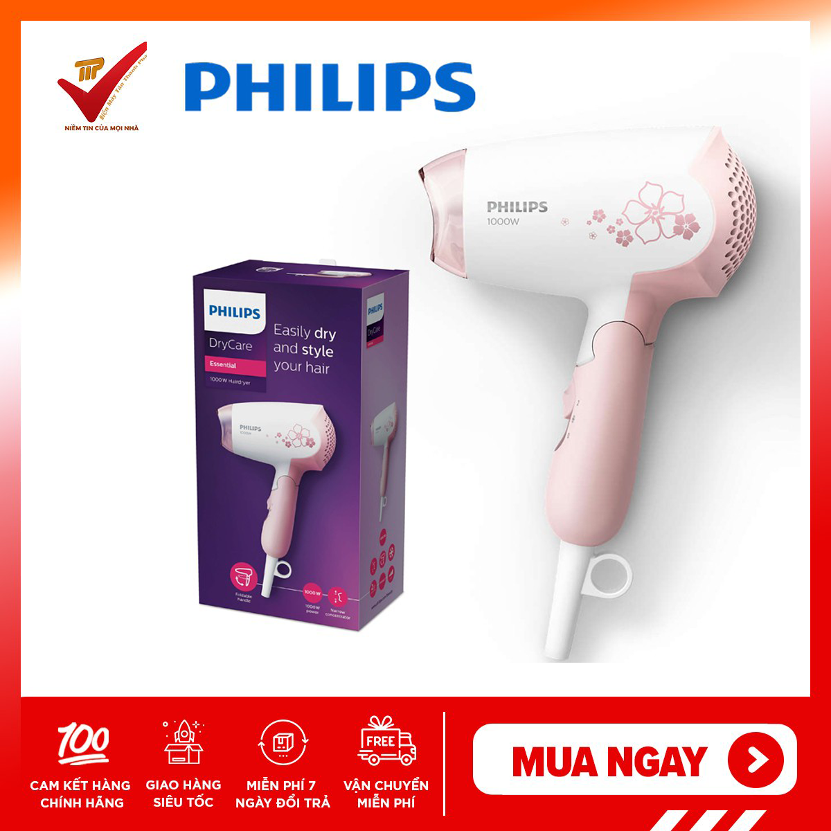 Máy sấy tóc mini cao cấp Philips HP8108 (Hồng) BH 24 tháng chính hãng