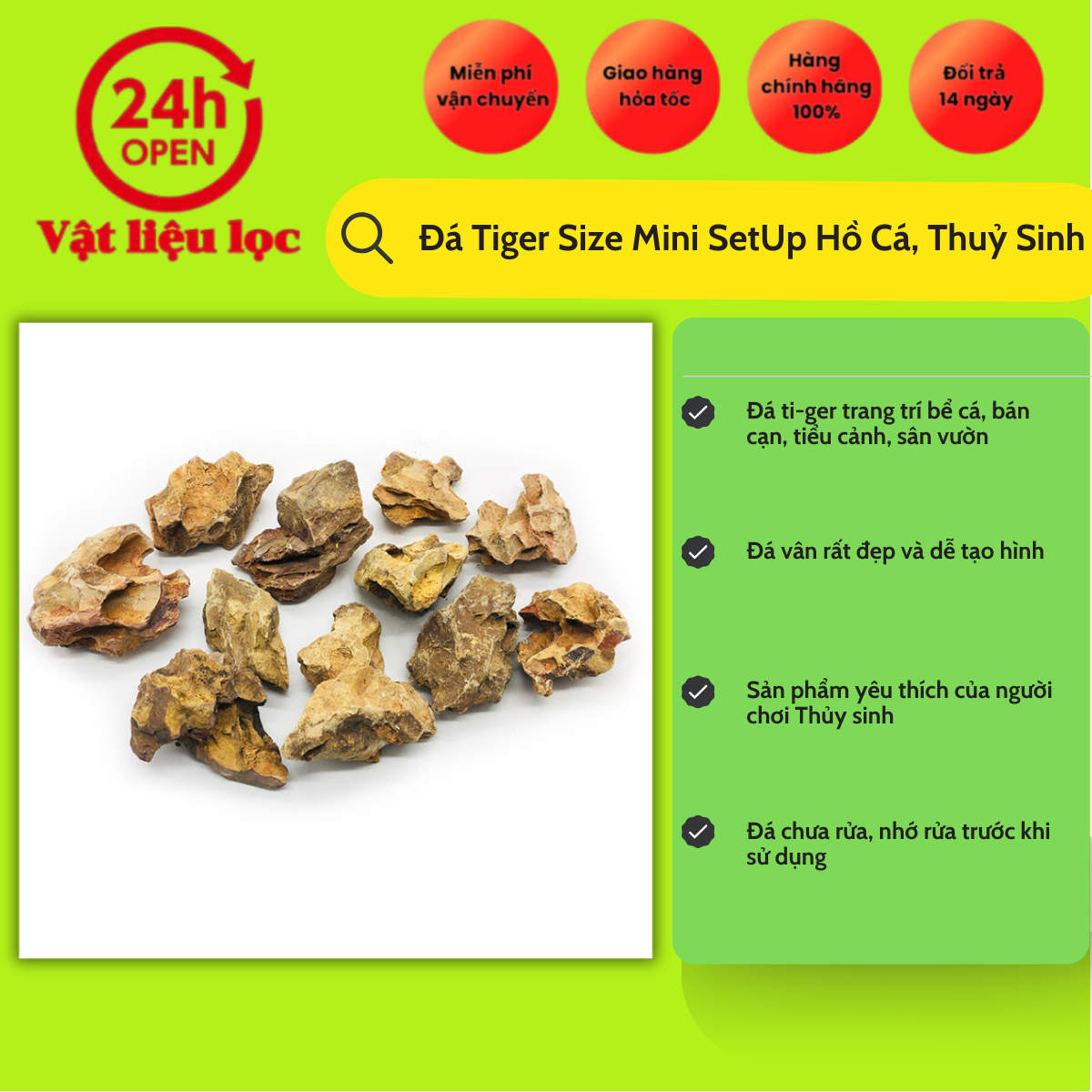 Đá Tiger Size Mini SetUp Hồ Cá, Thuỷ Sinh (túi 1kg)