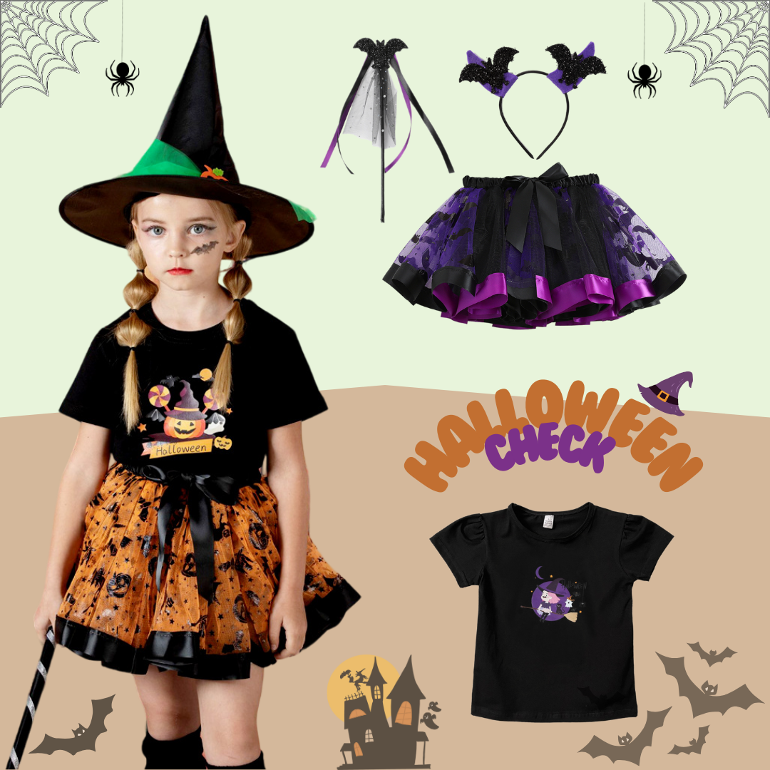 Set đồ hóa trang Halloween cho bé gái gồm chân váy xòe tutu, nón phù thủy và chổi bay siêu đáng yêu size S M L