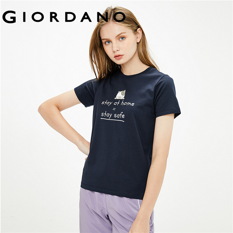 [SF]Áo Thun Nữ T-shirt Tay Ngắn T-shirt GIORDANO Women Cổ tròn In con mèo trước ngực 100% cotton Free Shipping 05391385