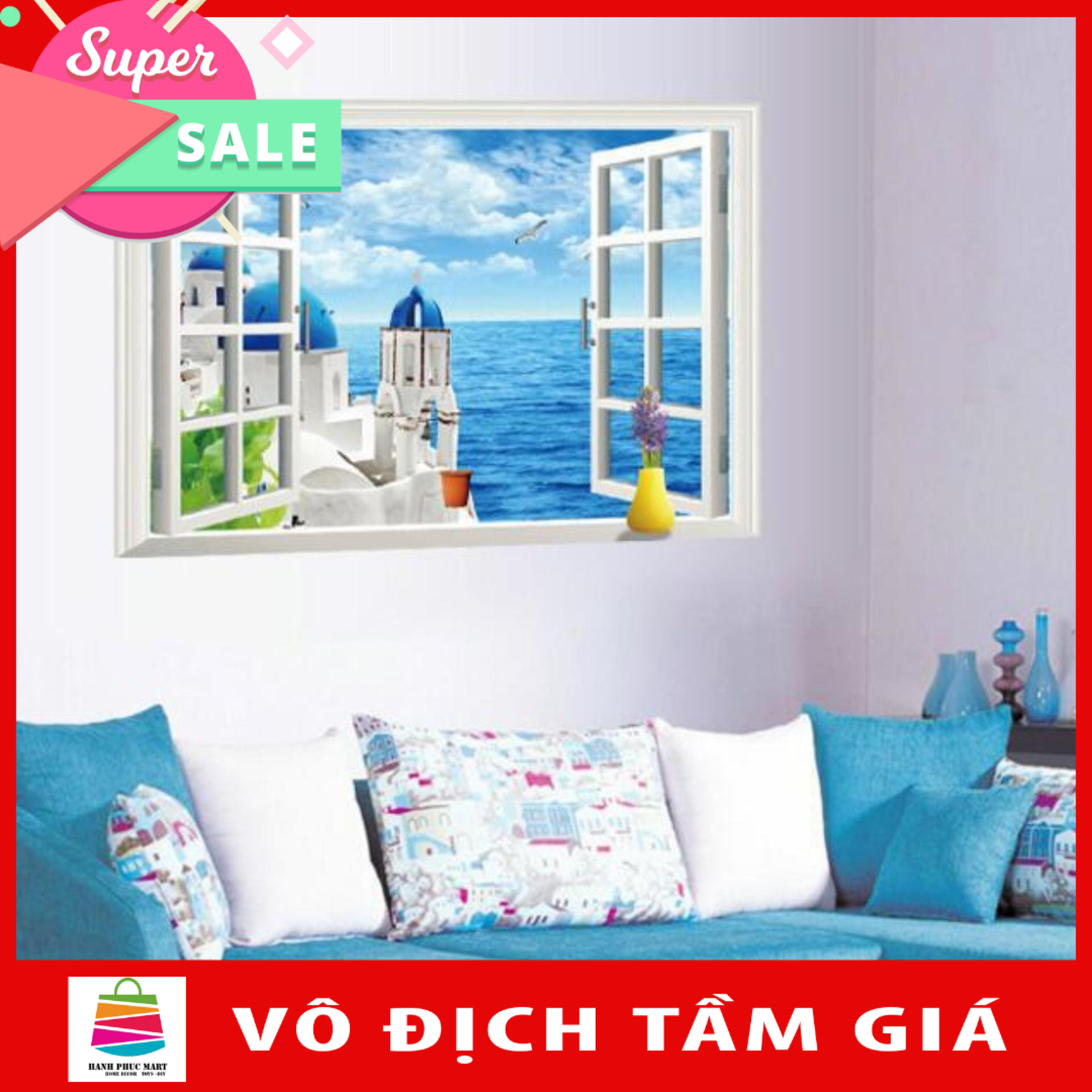 Decal dán tường nguyên miếng STicker Tranh dán tường Santonia Địa Trung Hải AY9234C decal nguyên miếng