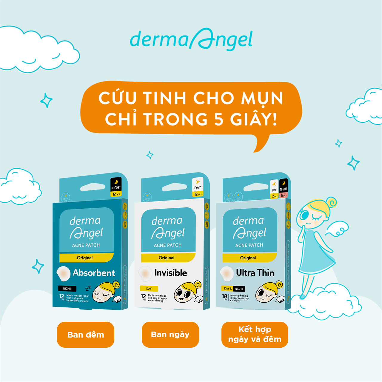 Miếng Dán Mụn Ban Đêm Derma Angel 12 Miếng