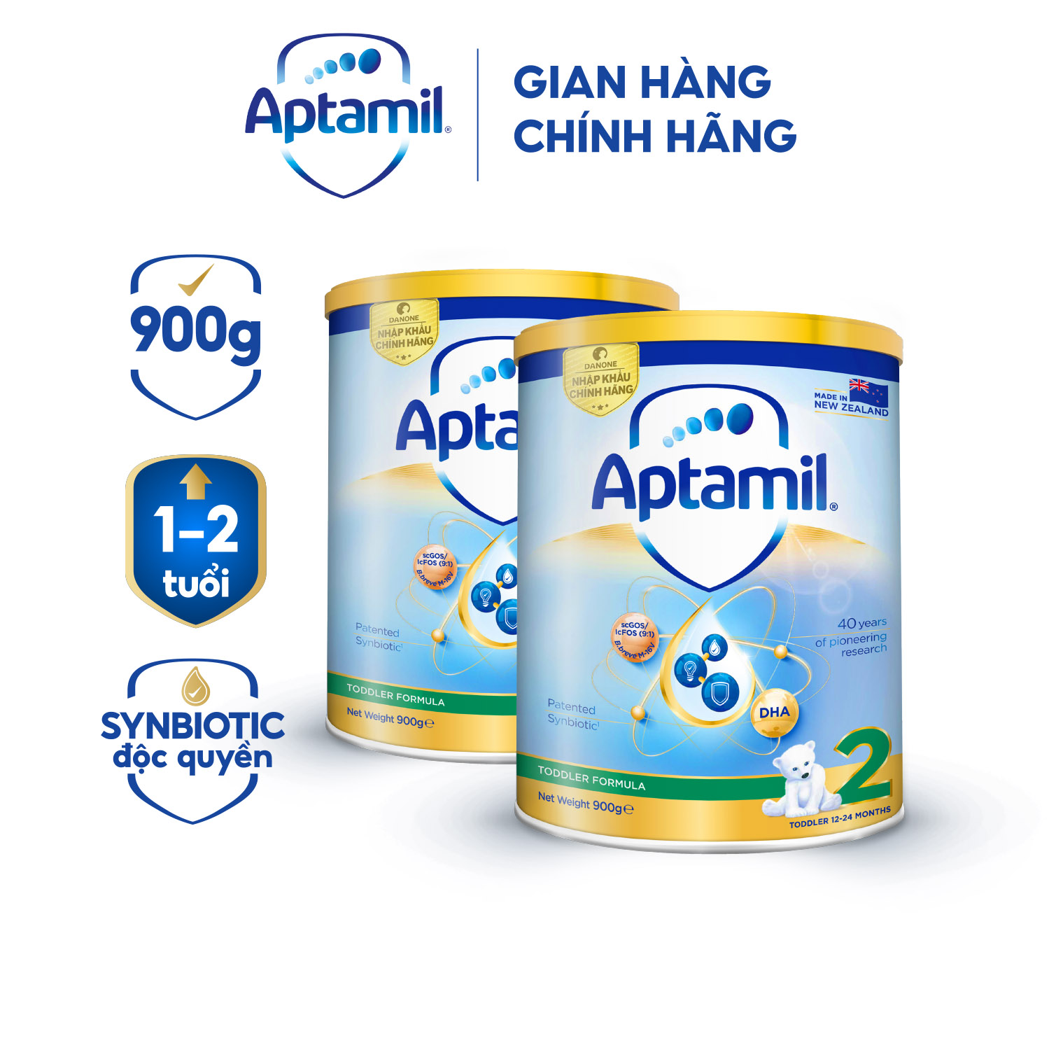 Combo 2 Sữa bột Aptamil New Zealand hộp thiếc số 2 900g lon cho bé 12-24