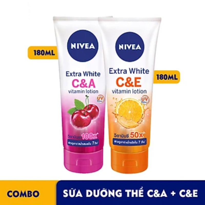 Combo Sữa Dưỡng Thể Dưỡng Trắng NIVEA Extra White C & E + Extra White C & A Vitamin (180ml/chai) nhập khẩu