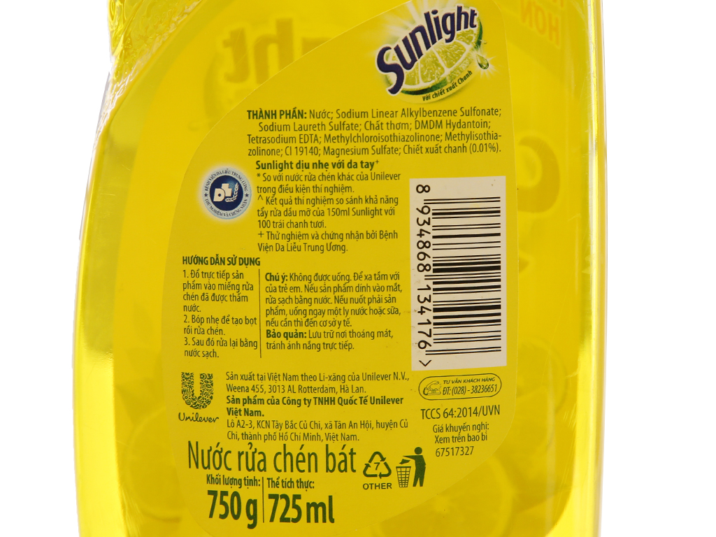 Combo 3 Nước Rửa Chén Sunlight Chanh 100 Chai 750G