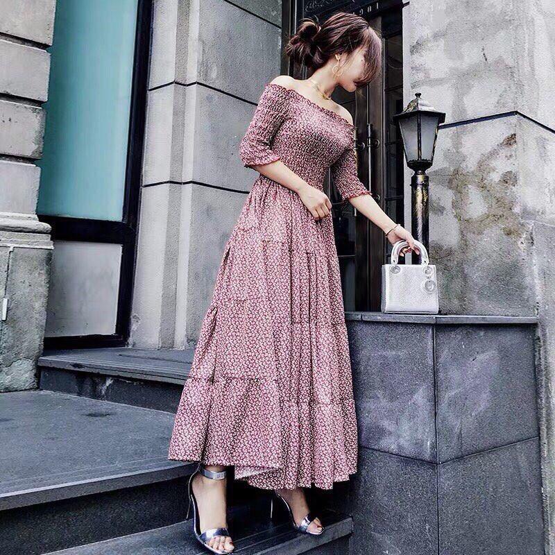 Đầm maxi trễ vai hoa nhí vải lụa-BS