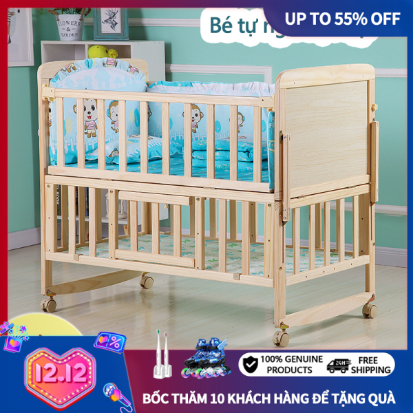 [HCM]giường em bé gỗ mộc đa chức năng nhiều tầng nôi em bé không phun sơn có thể di động