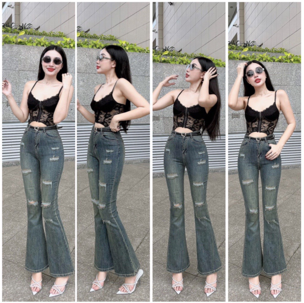 Quần jeans nữ ống loe dài lưng cao kiểu rách co giãn 4 chiều