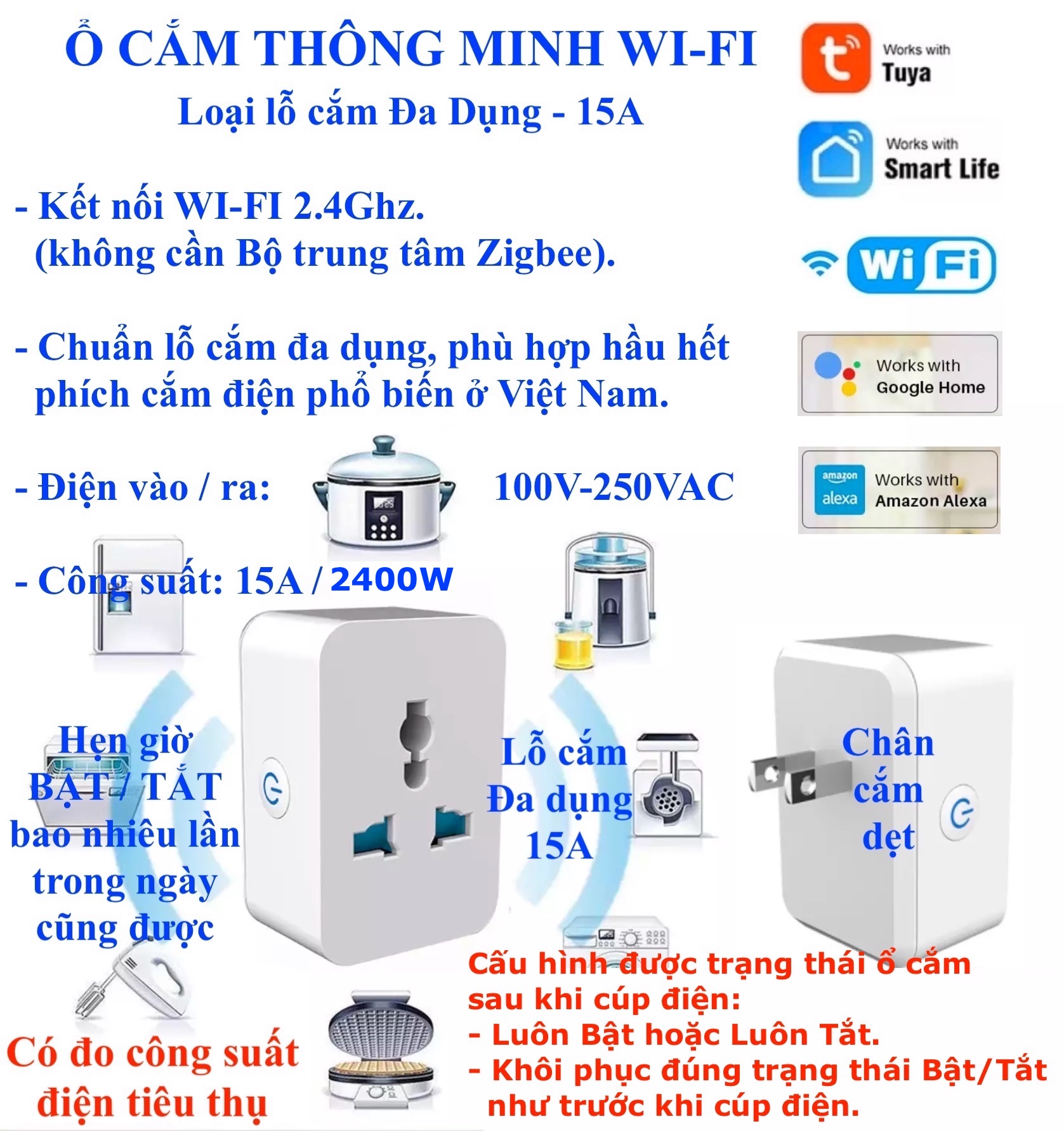 Ổ cắm thông minh wifi, app smart life / tuya smart -