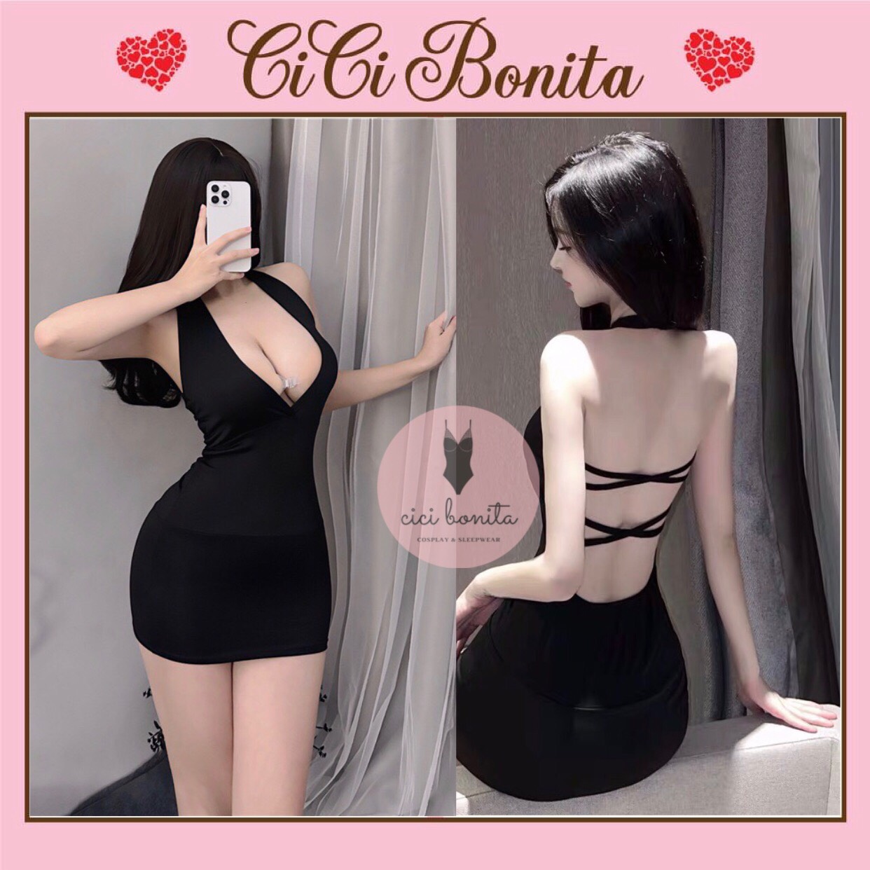 Đầm ngủ nữ đan dây lưng gợi cảm/ váy thun ôm body cổ v xẻ sâu nóng bỏng cv77 cici bonita hcm-