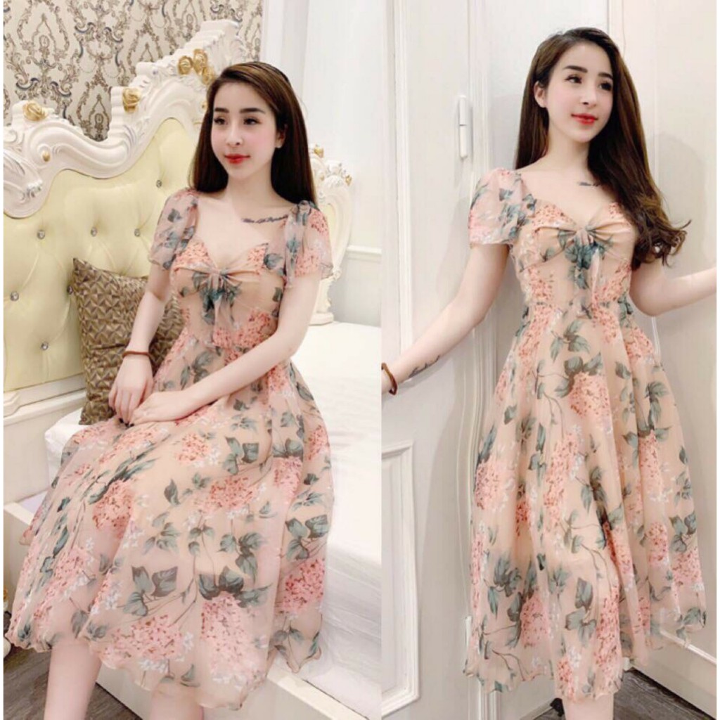 Đầm voan dáng dài thắt nơ thướt tha sang chảnh