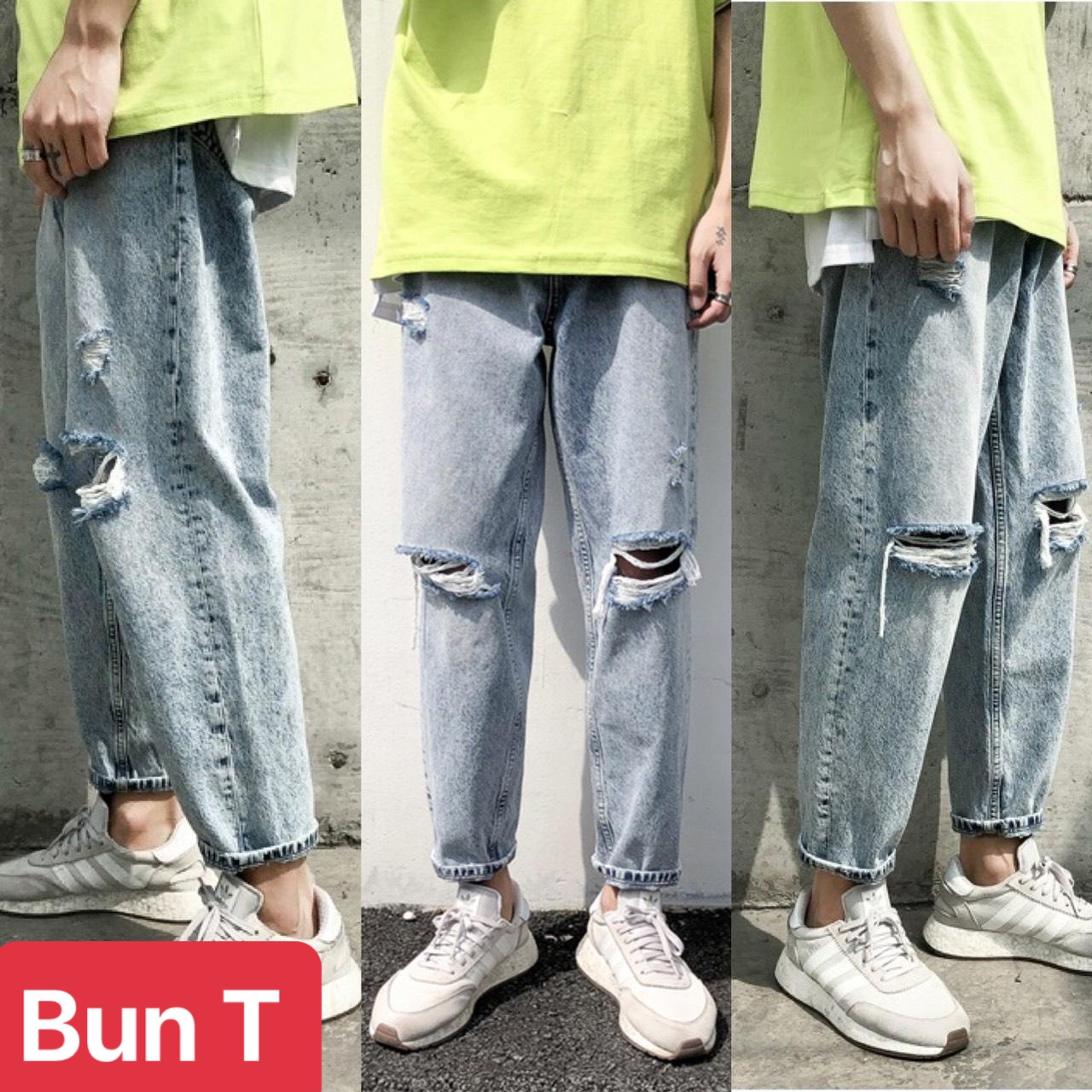 QUẦN BAGGY JEAN NAM CHẤT BÒ XANH RÁCH GỐI ỐNG RỘNG DÀI MÙA THU HÈ ĐÔNG TT-46 TRANG BUN FASHION