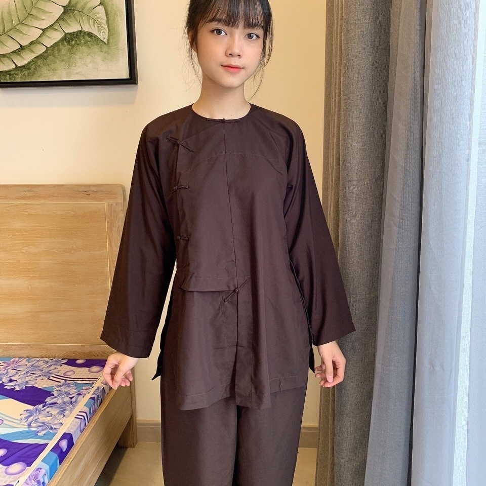 Quần Áo Phật Tử, Đồ Lam Phật Đi Chùa Nữ, đồ bộ mặc nhà mẫu vạt hò có nút thắt PN10