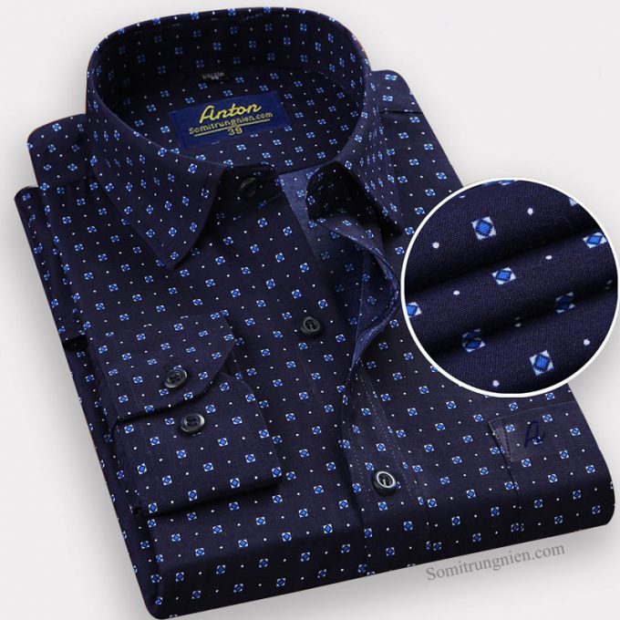 Áo Sơ Mi Nam Thương Hiệu Anton Công Sở Trung Niên Dài Tay Vải Cotton Chấm Bi Nhỏ Màu Tím Than – 309