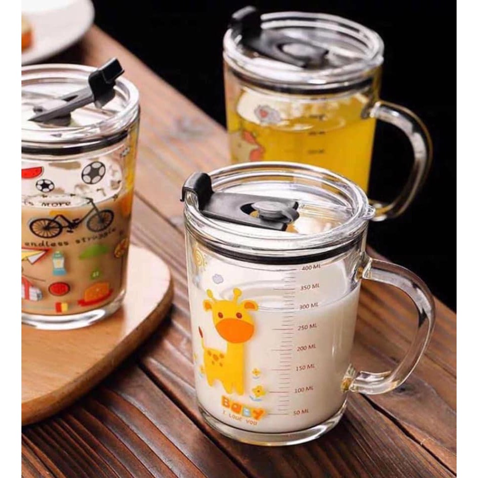 Cốc uống sữa chia vạch thuỷ tinh chịu nhiệt hamster - cốc có mức chia vạch tiện lợi - ly nước chia vạch có nắp đậy kín an toàn. cốc pha sữa thủy tinh chia vạch siêu tiện lợi