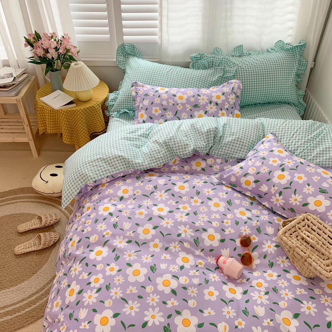 Trọn Bộ 4 Món Chăn Ga Gối Cotton Poly Nhập Mẫu HOA TÍM MỘNG MƠ