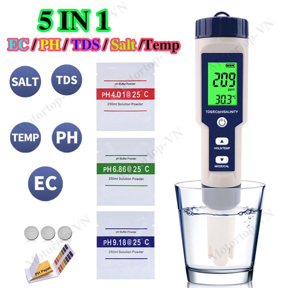 【Bút Kiểm Tra Chất Lượng Nước 5 Trong 1】Máy Đo Độ Mặn Và Độ PH 5 Trong 1, Đèn Nền Đo Độ PH/TDS/EC/Độ MặN/Nhiệt Độ