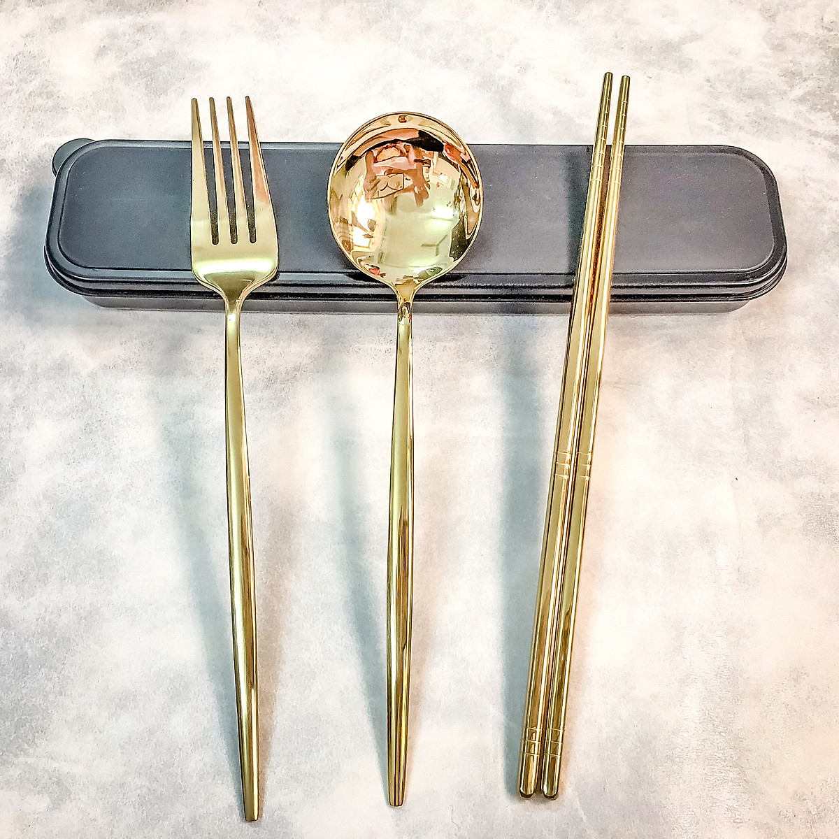 Set 3 Món Muỗng Đũa Nĩa Cơm Trưa Phủ Bóng Mạ Vàng Sang Trọng