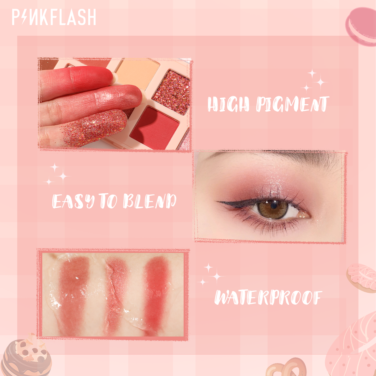 PINKFLASH #PinkDessert Bảng phấn mắt Sắc tố cao Bột mịn và mịn Không thấm nước lâu dài 12 màu