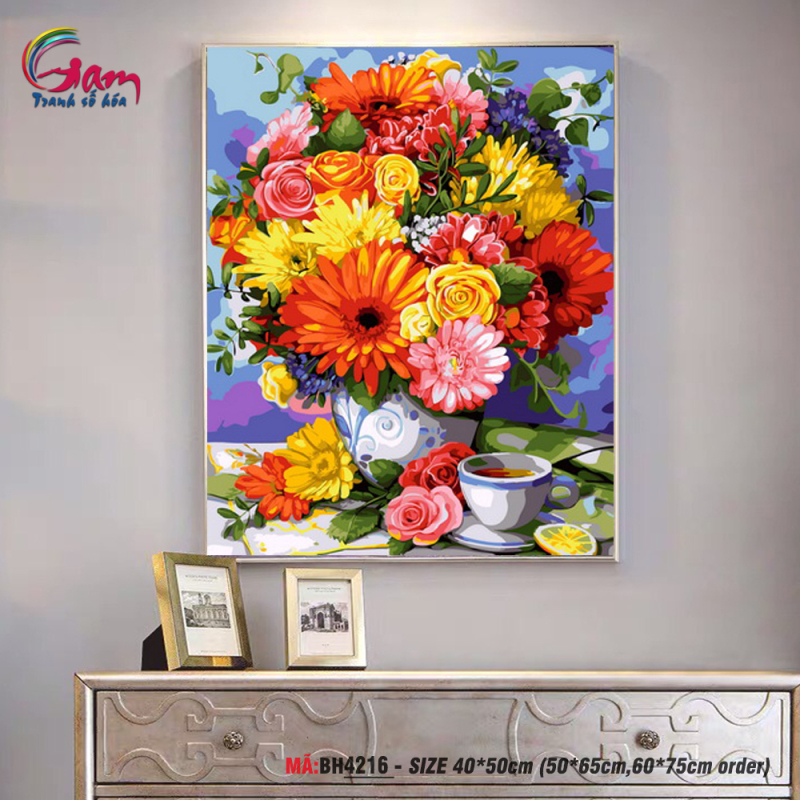 Tranh treo tường tự tô màu theo số sơn dầu số hóa Gam bình hoa và tách trà BH4216
