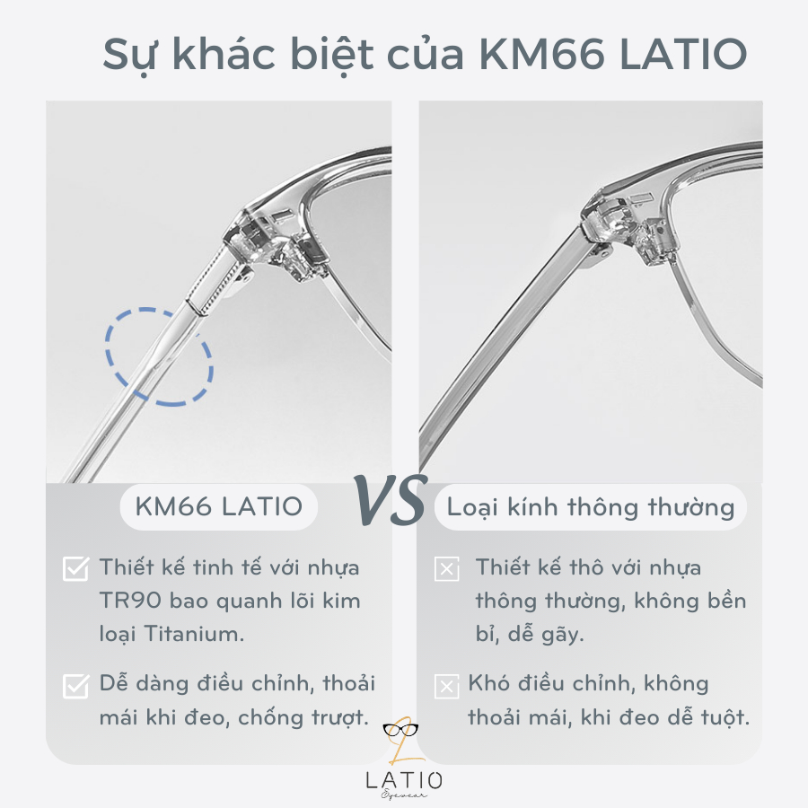 Gọng kính cận nam nữ LATIO, mắt kính gọng vuông tròn kim loại thời trang cao cấp chống ánh sáng xanh chống tia UV - KM66