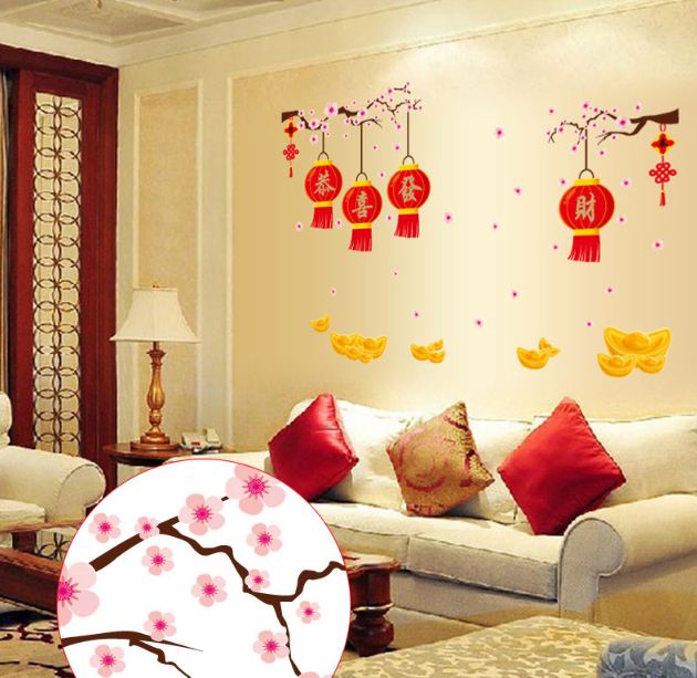 DECAL DÁN TƯỜNG TẾT CÀNH ĐÀO LỒNG ĐÈN ĐỎ 2