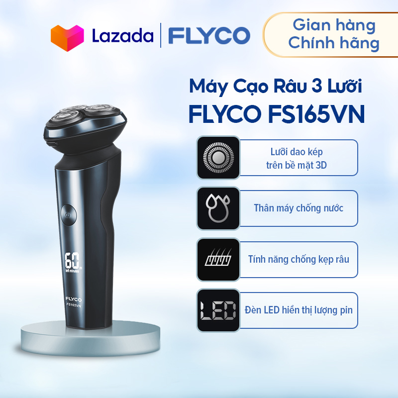 Máy Cạo Râu FLYCO FS165VN 3 Lưỡi Kép - Chống Nước Toàn Thân - Sạc Nhanh 1 Giờ - Hiển Thị Lượng Pin - Mạ Hợp Kim Siêu Bền Chống Xước - Thiết Kế Sang Trọng - Bảo Hành 2 Năm - Hàng Chính Hãng
