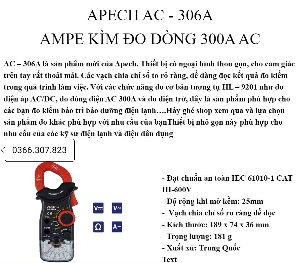 [HCM]Ampe kìm hiển thị kim APECH AC-306A (300A)