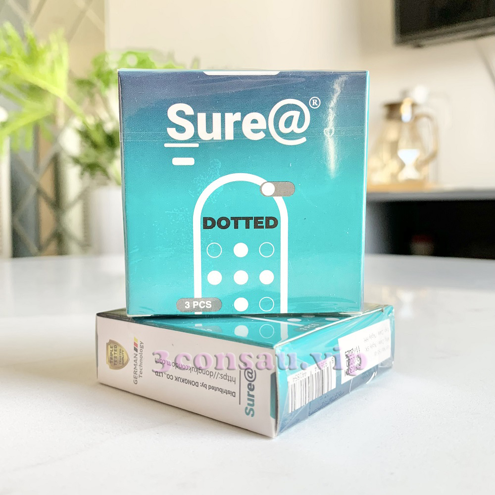 Bao cao su SURE DOTTED và ULTRA THIN siêu mỏng kéo dài thời gian quan hệ,  hộp 3 bao che tên sản phẩm khi giao hàng