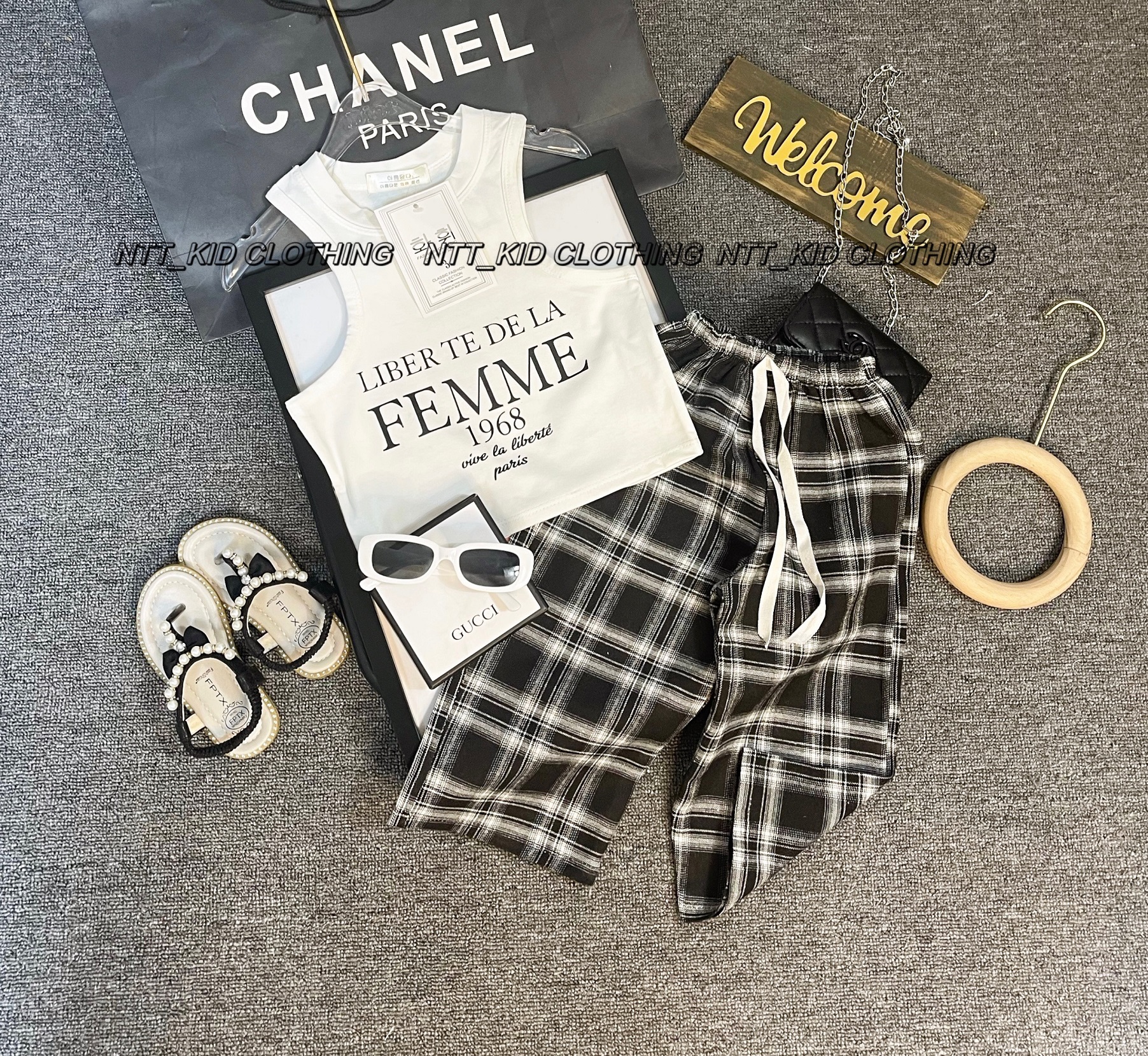 Size đại 8-28kg: bộ femme quần xuông kẻ sành điệu cho bé gái - femme