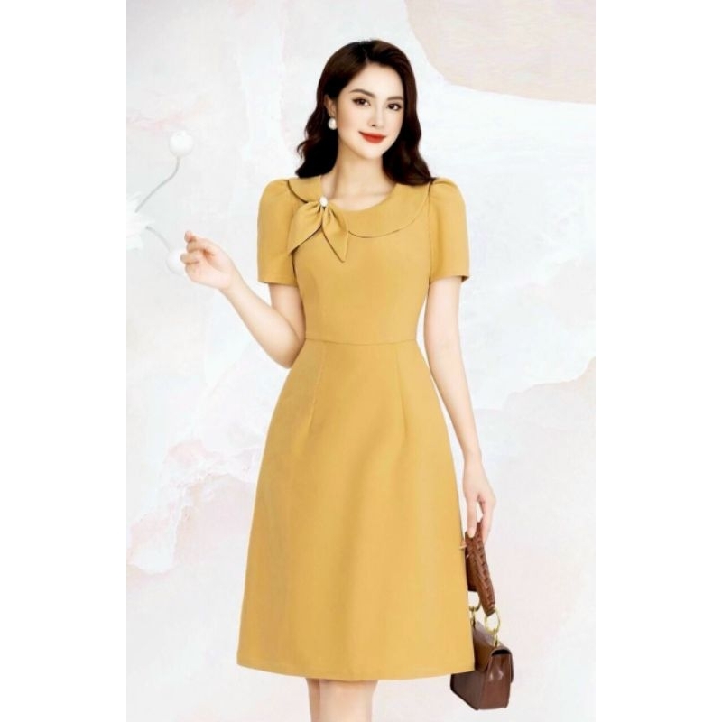 Đầm cổ sen lệch kết nơ