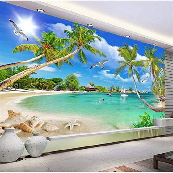 Tranh dán tường 3d cảnh biển - in vải lụa rẻ đẹp - tranh dán tường phòng ngủ - phòng khách DD107