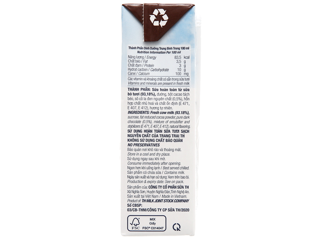 Lốc 4 Hộp sữa TH True Milk socola 180ml