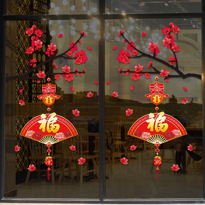 Decal Dán Tường Tết - 2 cành Mai đỏ quạt xòe mẫu mới