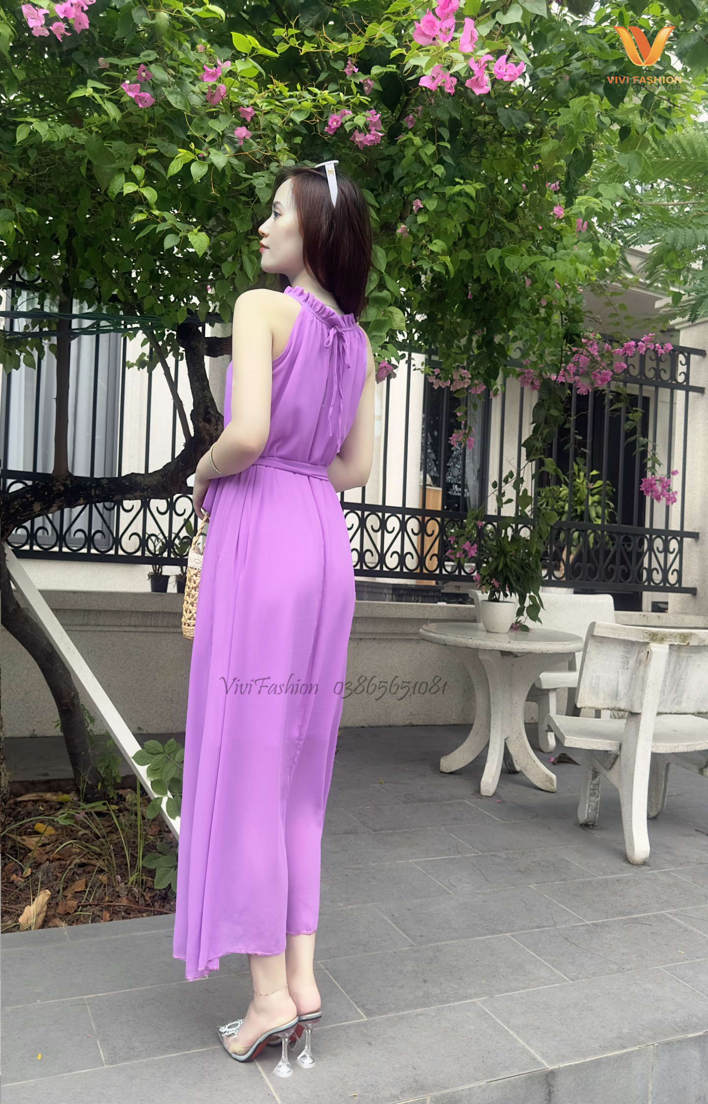 ĐẦM MAXI TÍM LỤA CHIFFON CAO CẤP ĐI BIỂN, ĐẦM MAXI TÍM THẮT EO