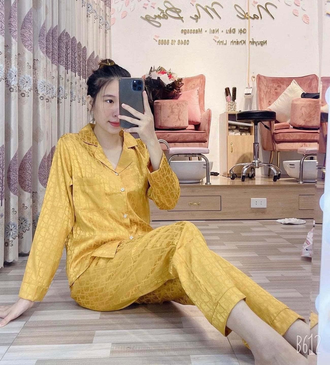 Bộ Pijama Lụa Gấm Cao Cấp Áo Tay Dài - Quần Dài