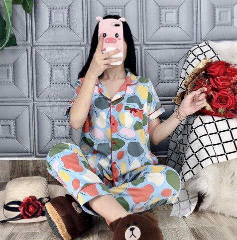 Set đồ bộ ngủ nữ lụa satin phối tay quần dài độc đáo siêu sang andi0719