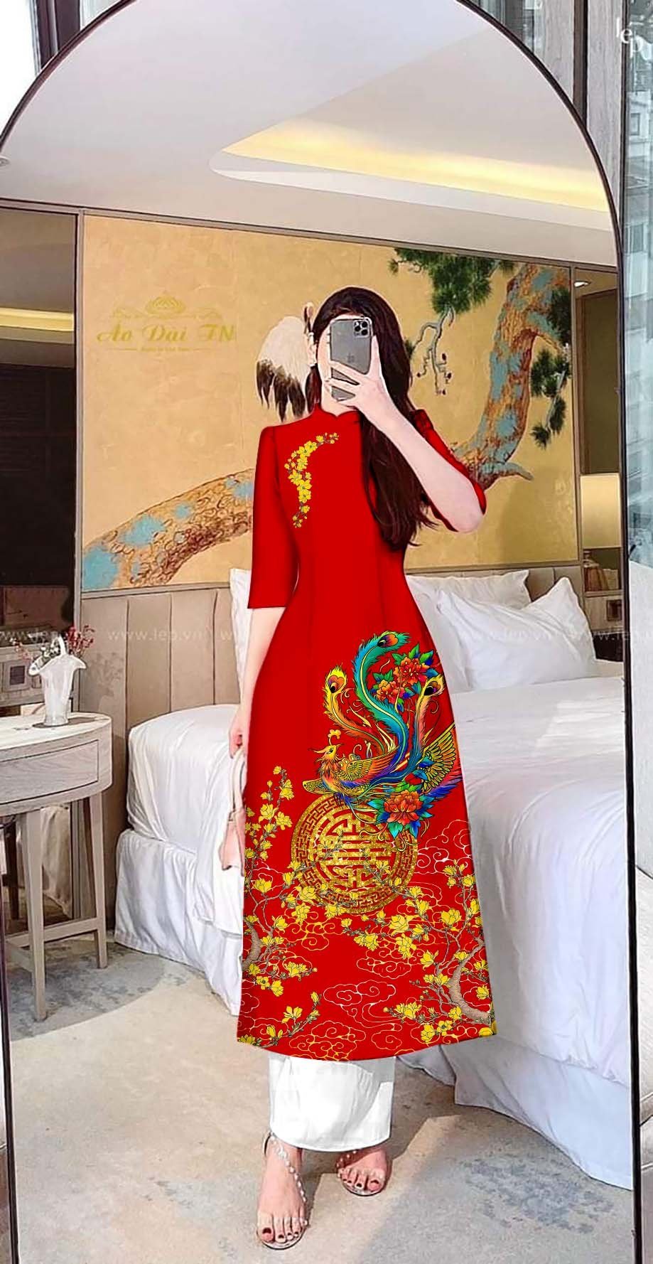 Áo dài cách tân kèm quần in họa tiết hoa mai , phụng vải lụa latinh cao cấp có BIGSIZE KÈM VIDEO