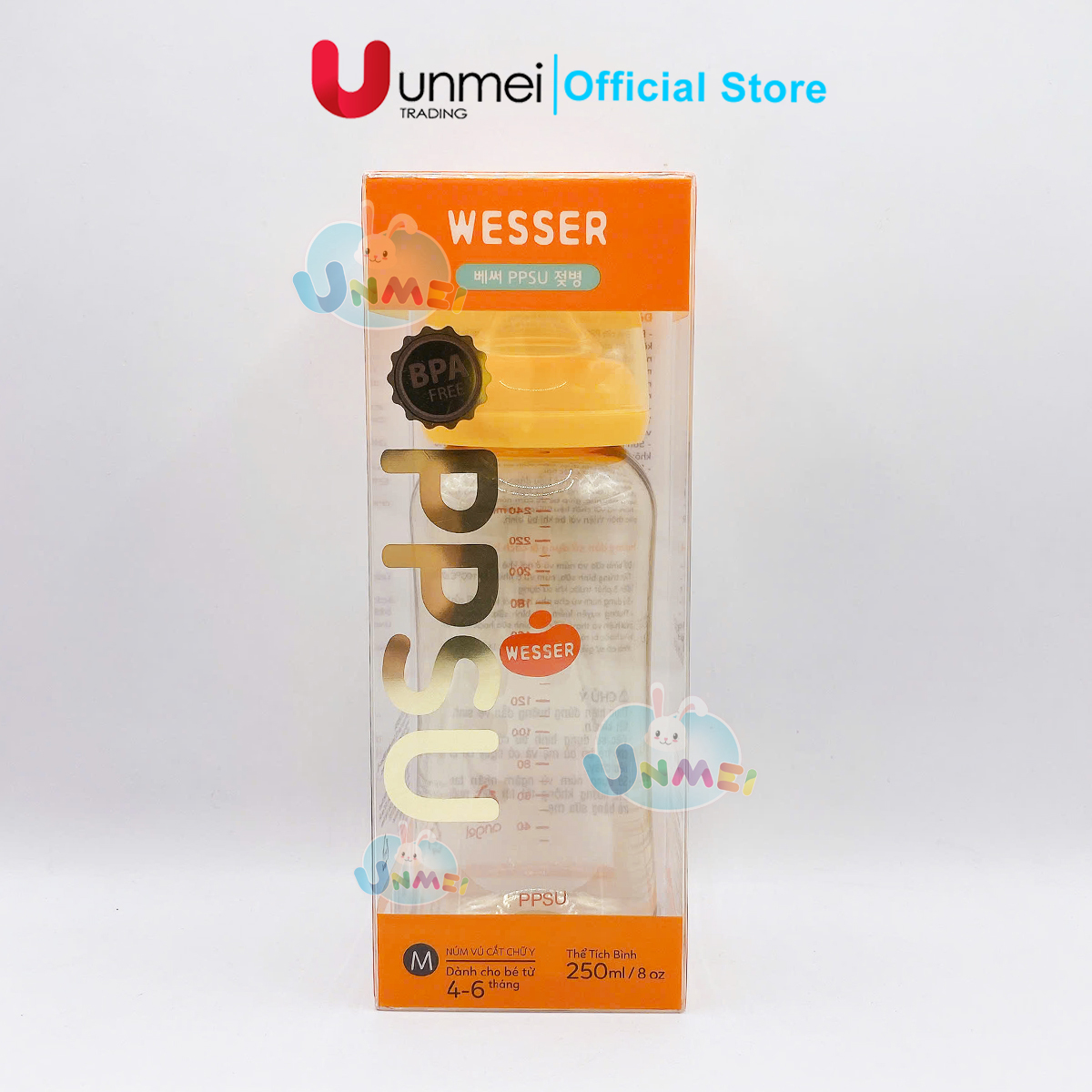 Bình Sữa Nhựa Cao Cấp Wesser PPSU 250ml (Núm Vú Có Sẵn Size M Cổ Hẹp)