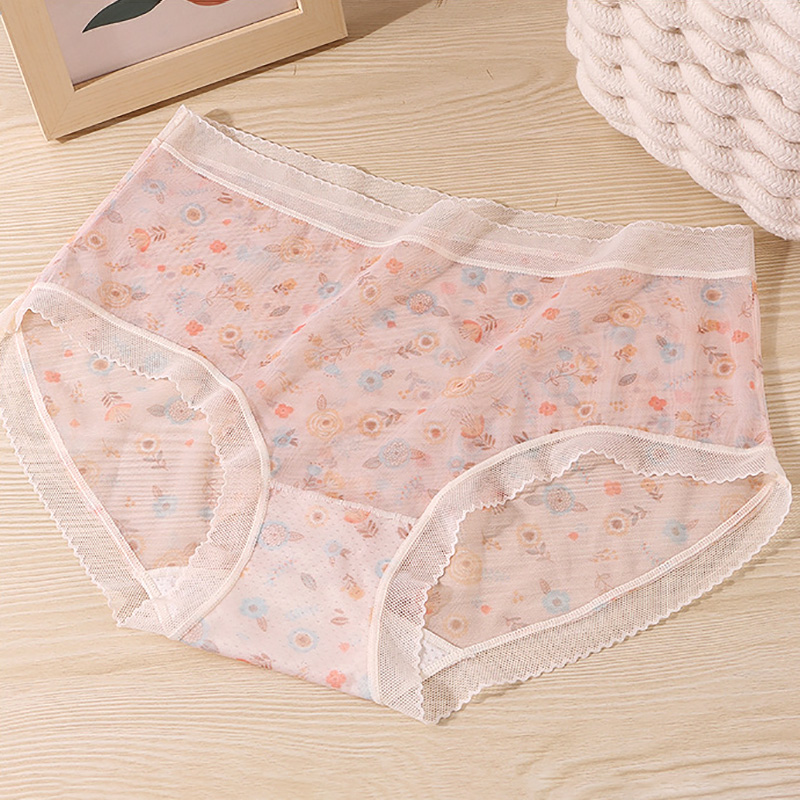 Quần lót nữ voan lụa su lưới tàng hình họa tiết hoa lá cạp thấp bản lưng không viền dễ thương freesize 55kg - KAShop