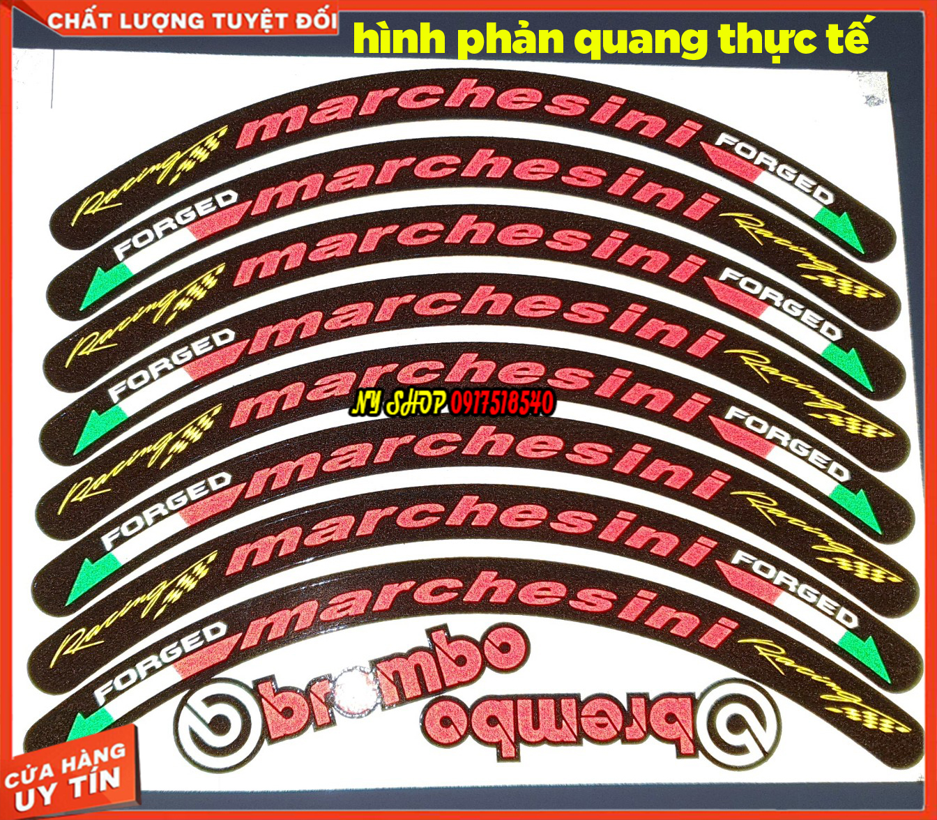Tem dán vành (mâm) xe 3M phản quang MARCHESINI (1 BỘ NHƯ HÌNH ĐỦ DÁN 2 BÁNH)