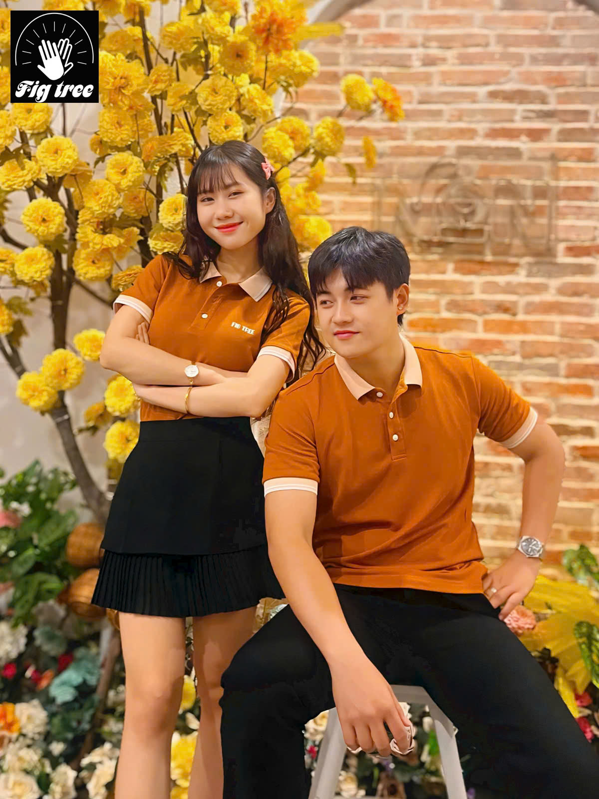 Set áo thun đôi polo Fig Tree màu cam đất siêu hót