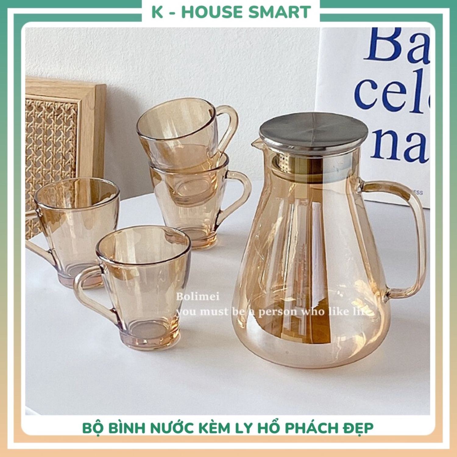 Bộ cốc bình nước thuỷ tinh 1600ml chịu nhiệt độ ᴄao hổ phách, bình thuỷ tinh pha trà cao cấp đẹp gia đình