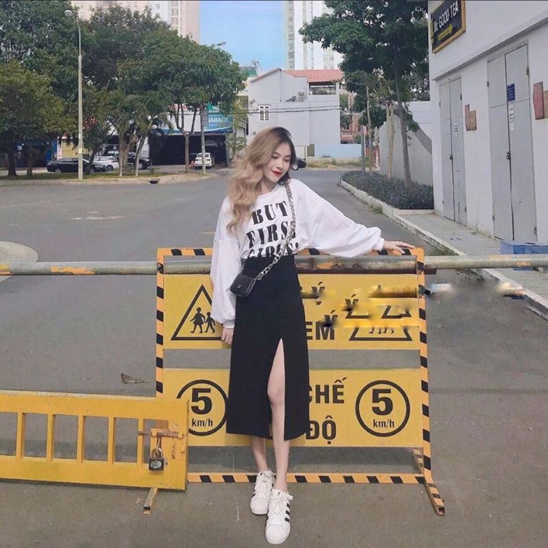 Chân váy dáng dài xẻ tà co dãn thoải mái / chân váy nữ xẻ vạt