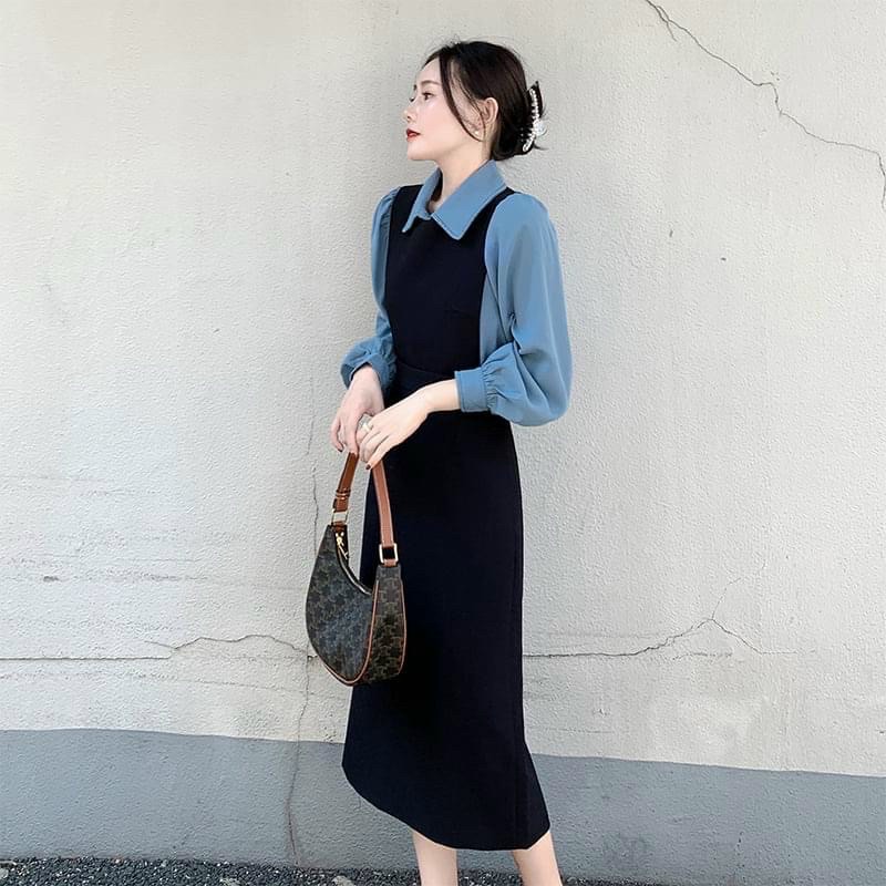 Đầm đen phối xanh tay dài