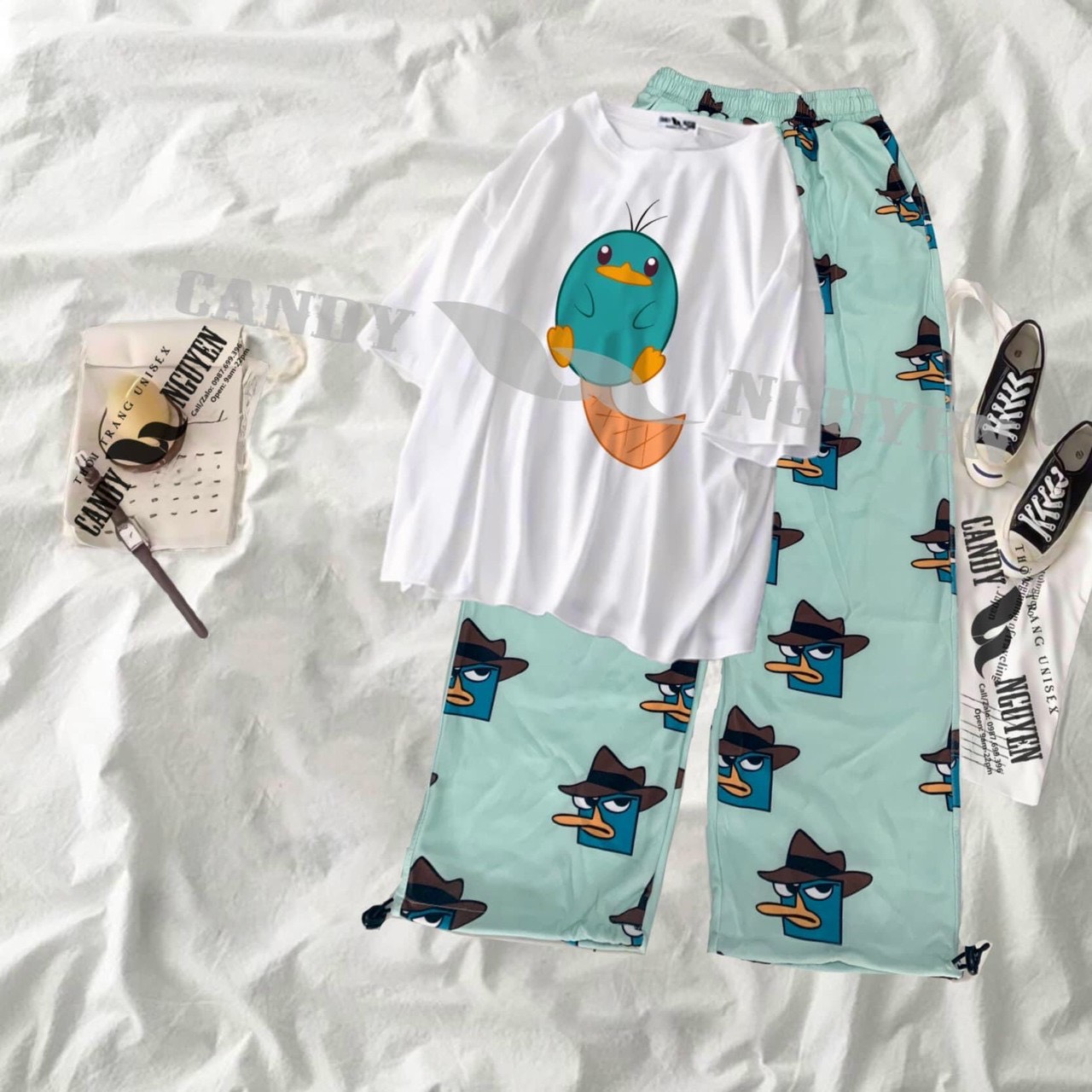 Sét bộ thun in hình thú mỏ vịt perry siêu cute TTSLA0429