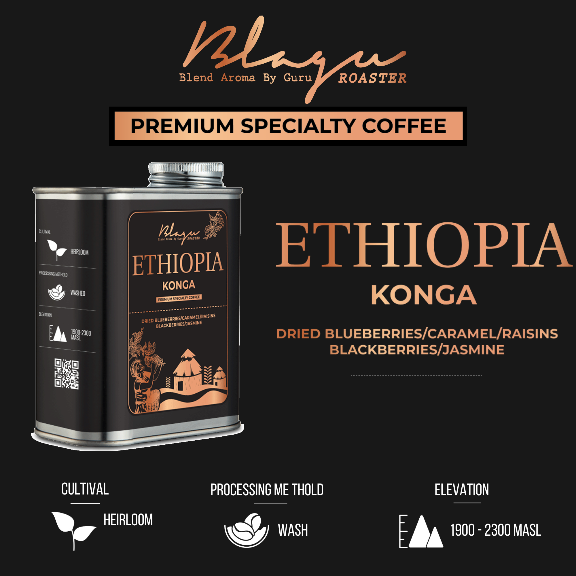 [Premium] Cà Phê Hạt Blagu Ethiopia Konga  100%Arabica  Light-Medium  250g