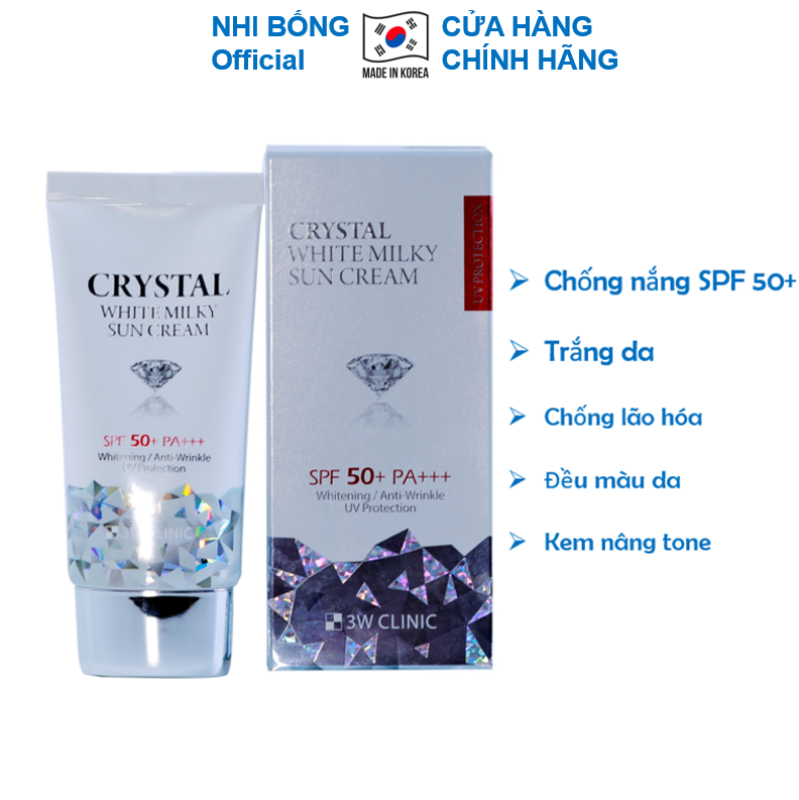 Kem chống nắng kim cương nâng tone 3W CLINIC CRYSTAL WHITE MILKY SUN CREAM SPF 50/ PA +++ Hàn Quốc 50ml giúp bảo vệ da làm da trắng sáng mềm mịn tự nhiên KCN01 nhập khẩu
